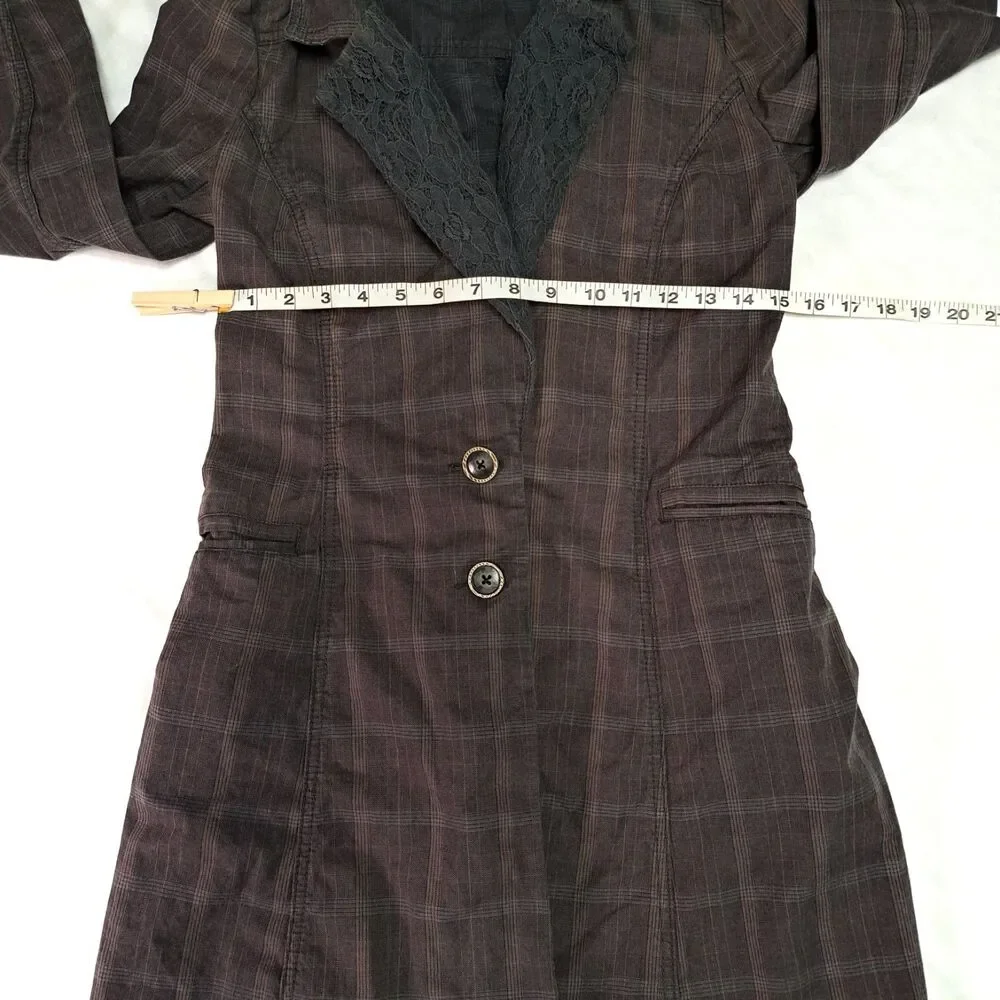 Free People‎ Plaid Gray Duster Trench Coat Women’s 4 Grunge Steampunk Victorian